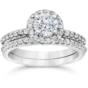 1/10 ct Diamond Pave Halo Solitaire Engagement Wedding Ring Set 14K White Gold - Picture 1 of 5