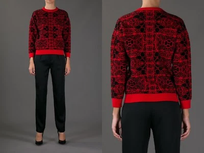 Alexander McQueen Red Jacquard Boxy Sweater Black Colorblock Size US6 M S Knit - Image 1 of 4