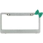 Clear 7 Rows Bling Diamond Crystal License Plate Frame With Corner Green Bow Tie