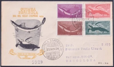 F-EX45787 GUINEA EQUATORIAL 1954 REG FDC COLONIAL STAMP DAY TURTLES FISH SHARK. - Image 1 of 2