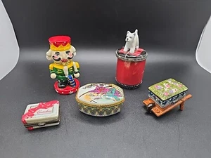 Vintage Lot Of 5 Small Trinket Boxes- Candle Nutcracker Flower Barrel Asian Mint - Picture 1 of 23