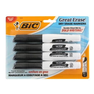 BIC Great Erase Grip XL Dry Erase Markers, Low Odor, Chisel, Black Ink, 4-Count - Picture 1 of 1