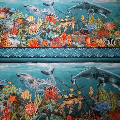 In The Beginning Calypso II 21CAL 2 Teal Border Stripe Cotton 2.5 Yards - Image 1 of 4