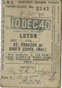 London Midland & Scottish DAUERKARTE DRITTE KLASSE - LUTON-ST PANCRAS - 1940 - Bild 1 von 2