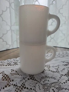 Vintage Set of 2 Hazel Atlas Stackable White Textured C Handle Milk Glass Mug - Picture 1 of 5