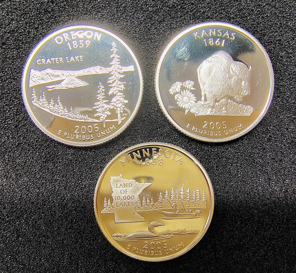 Lot of 3 - 2005-S Proof Silver Quarters 25C - MN, KS & OR - 90% Silver - BU Cond - Image 1 of 4