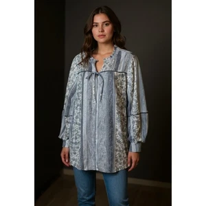 Como Blu Damen 2X blau weiß Blumenmuster Bauernbluse Oberteil Bindeband am Ausschnitt - Bild 1 von 5