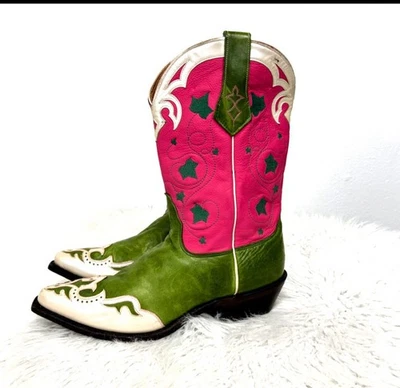 Vintage Nocona Western Cowboy Boots Pink Green Colorful Unique Size 11B Snip Toe - Image 1 of 4