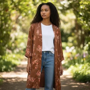 Cárdigan plumero kimono estampado floral marrón DR2 para mujer frente abierto drapeado talla L - Imagen 1 de 6
