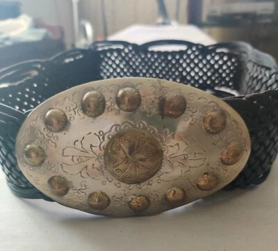 Chicos Vintage Cinturón Largo Tejido Negro Ajustable Cuero Hecho en Marruecos 36" Foto 1 de 4