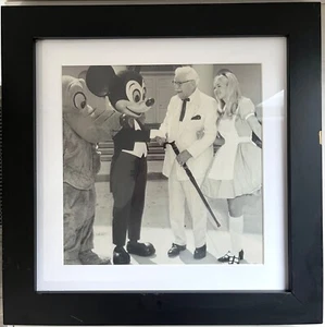 KFC ORIGINAL COLONEL SANDERS & MICKEY MOUSE *FRAMED B&W PHOTO* 16"x16" DISNEY! - Picture 1 of 4