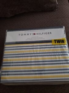 Tommy Hilfiger Cotton Blend 3-Pc. Striped Sheet Set BLUE/YELLOW STRIPE.BRAND NEW
