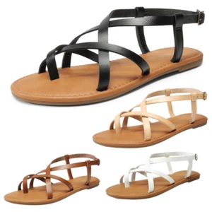 Women Casual Thong Flat Sandals Ankle Strap Open Toe Summer Beach Sandals - Picture 1 of 26