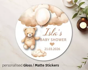 Personalised Baby Shower gender reveal Boho Teddy bear Stickers Neutral Beige 04 - Picture 1 of 4