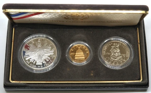 1989 Proclaiming The Democracy US 3 Coin Proof Set $5 Gold Silver $1 & 50 Cent Cover