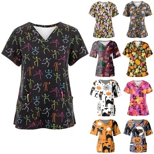 Women Printed Medical Uniform Nursing Scrub Short Sleeve Pocket T-Shirt Tops AU - Picture 1 of 29