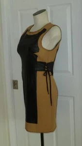NWT $428 Tracy Reese Anthropologie Edgy Black Leather & Camel Scuba Knit Dress 8 - Picture 1 of 14