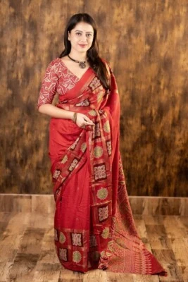 Indian Soft Pashmina Women's Saree Bollywood Wedding Wear Ethnic Sari Blouse - Image 1 of 4