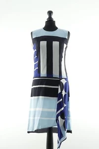 Strenesse Pencil Dress 36 Blue Patterned Lightweight Sleeveless 100% Silk - Picture 1 of 5