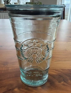 Vaso frío de vidrio reciclado Starbucks con tapa 24 OZ logotipo de sirena verde azulado claro - Imagen 1 de 7
