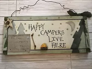 "Happy Campers Live Here" - Wooden Hanging Sign, 5.25" H x 12" W - Picture 1 of 2