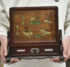 10.2" Old Chinese Boxwood Carved Dynasty Fengshui Lotus Fish Screen Statue - Picture 1 of 10