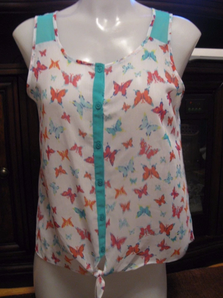 CANDIES, GIRL'S WHITE/GREEN POLY BUTTERFLY SLEEVELESS TIE WAIST BLOUSE, SIZE 16 - Image 1 of 4