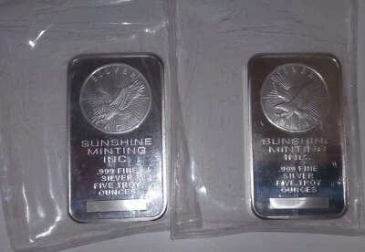 Barra de plata fina .999 Sunshine Minting (SMI) 5 OZ anterior a 2014 (sin marca de ceca) Foto 1 de 3