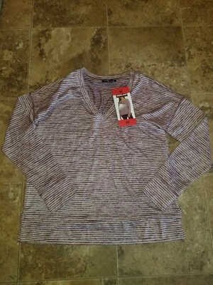 Womens Kirkland Signature Ladies Aubergine White Stripe V-neck Relaxed Fit M - Image 1 of 2