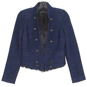 Zara Blazer Tweed Wool Military Academia Old Money Preppy Classic Y2K Blue XS - Picture 1 of 7