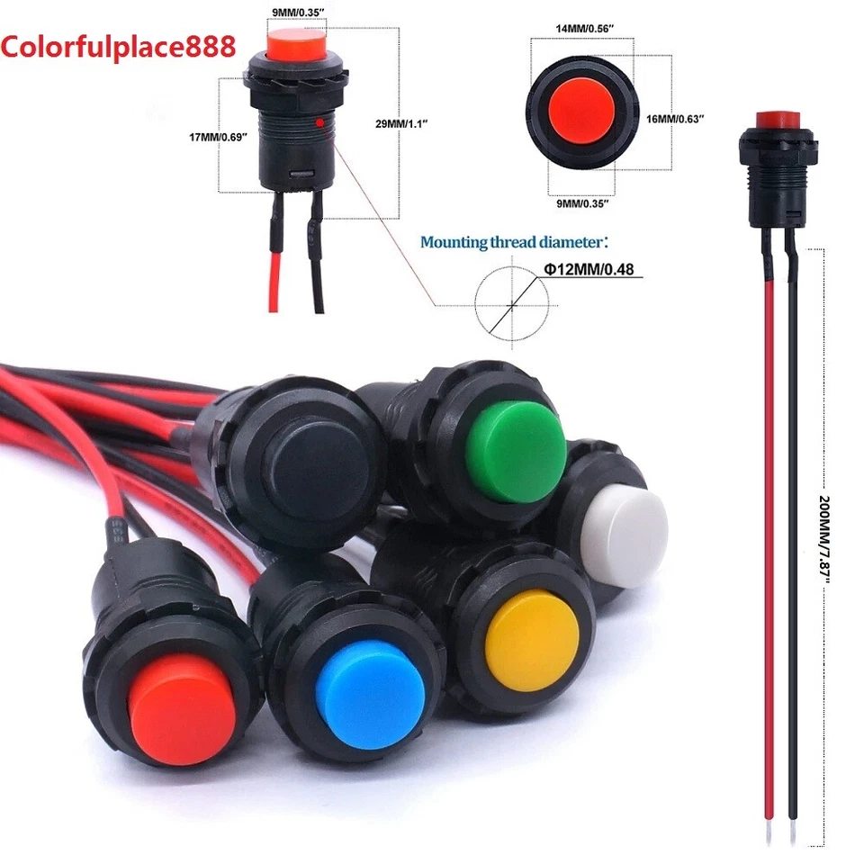 Latching Push Button Switch OFF-ON SPST 12mm Normally Open With 20cm Wire - Image 1 of 1