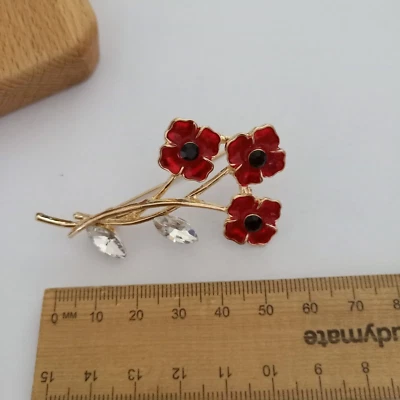 Remembrance Red Poppy Flower Brooch Commemorative Jewellery Gold AUS Free Post - image 1 of 4