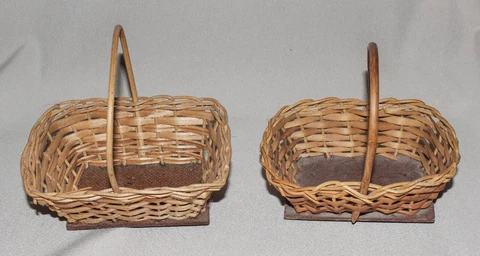 Vintage Miniature Woven Baskets (2) Flat Bottoms Handles Tan Portugal Cover