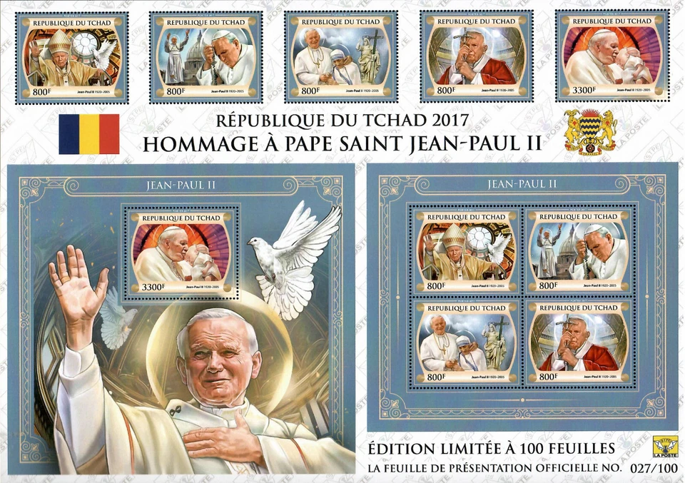Pope John Paul II 2017 Chad official Presentation Sheet RARE! MNH #TCH17405pp - Image 1 of 1