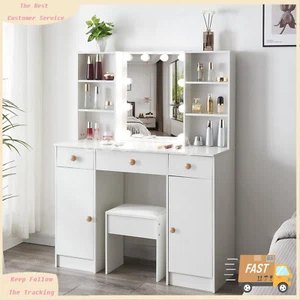 Large Makeup Vanity Table Set with 10 LED Mirror Dressing Table 3 Drawer & Stool - Picture 1 of 14