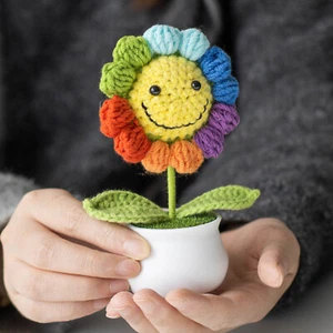 2x Hand Knitted Flower Crochet Sunflowers Hand Craft For Home Office Decor - Picture 1 of 9