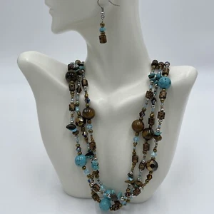 Turquoise Multi-strand Necklace Earrings Set Lucite Seed Tiger Eye Faux Beads - Picture 1 of 6