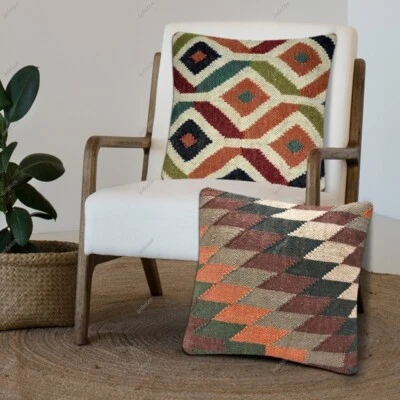 2 Pcs Handmade Wool Jute Cushion Cover Boho Rustic Decor 18x18" Throw Pillow - Image 1 of 4