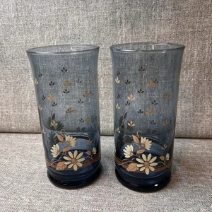 "Juego de 2 vasos florales Libbey/Franco azul con crema margarita 6"" usados en excelente estado" - Imagen 1 de 7