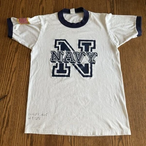 Vintage US Navy Ringer Tee Shirt Mens Medium White 1980s Stencil Flag Patch - Picture 1 of 9