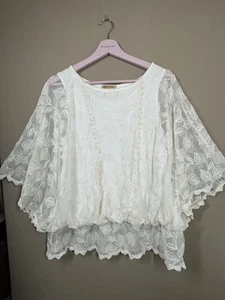 Democracy Top Womens Large Lace Embroidered Sheer Flutter Sleeve Boho Layered - Picture 1 of 11