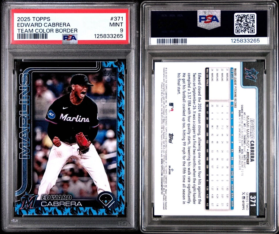 2025 Topps Series 2 Edward Cabrera #371 Team Color Border Miami Marlins PSA 9 - Image 1 of 1