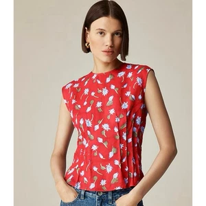 J. Crew 4 Pintuck Shell Top Cepillado Estampado Margarita Ramie Rojo Multi - Imagen 1 de 6