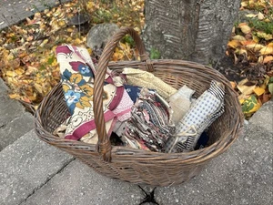 Primitive Woven Wicker Basket  W/vintage Quilt Squares/fabric Balls Rolls - Picture 1 of 13