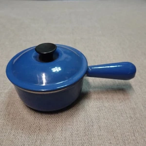 Vintage Le Creuset Sauce Pan #14 France Cast Iron With Lid Hollow Handle Blue - Picture 1 of 15