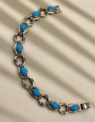 Vintage Armband Türkis Markasit Steine Blau 925 Silber Schmuck Armreif  - Bild 1 von 4