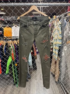 Size 32 - AMIRI Skinny Distressed Bandana Denim Jeans - Olive Green - Picture 1 of 10