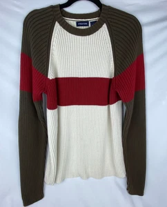 Vintage STRUCTURE Sweater Mens L Olive Green Maroon Cream 100% Cotton Ribbed - Picture 1 of 11