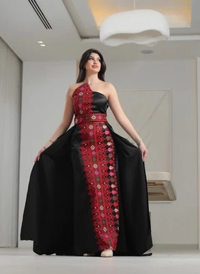 Women Palestinian Embroidered Satin Dress Traditional Sleeveless with scarf - Image 1 of 4