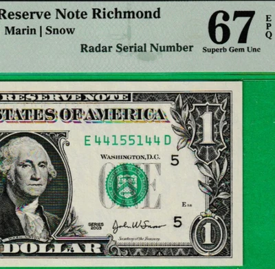 $1  Federal Reserve note RADAR Serial Numbers 44-1551-44 PMG 67 - Image 1 of 3